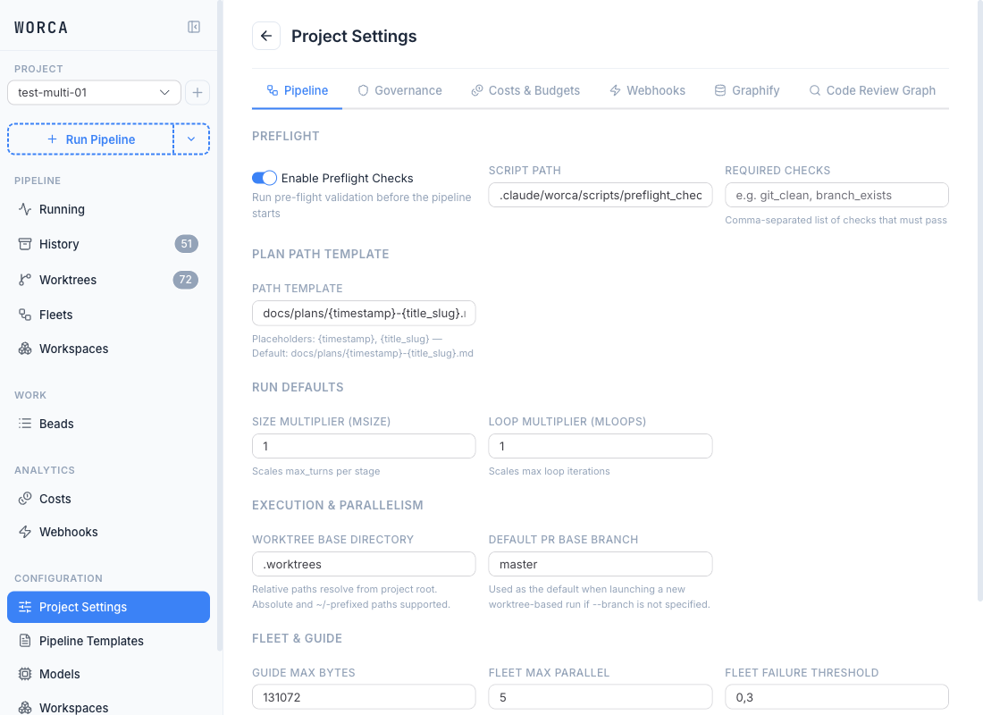 The Configuration sidebar group with Project Settings open on its Pipeline tab — preflight, plan path, run defaults, execution & parallelism, fleet & guide — with Pipeline Templates, Models, and Workspaces visible as siblings beneath.