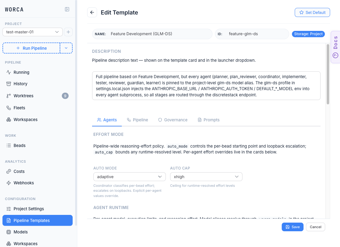 The Edit Template view for "Feature Development (GLM-DS)" on the Agents tab. The EFFORT MODE card sits at the top with two dropdowns — AUTO MODE (set to adaptive) and AUTO CAP (set to xhigh) — each with a one-line explanation below it. AGENT RUNTIME section heading appears beneath.