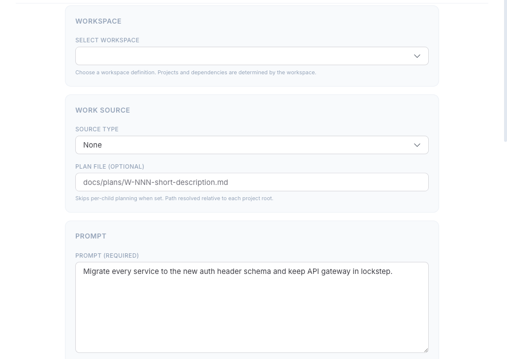 The Run Workspace launcher (workspace picker + planning-strategy options) and the workspace detail page with its dependency graph.