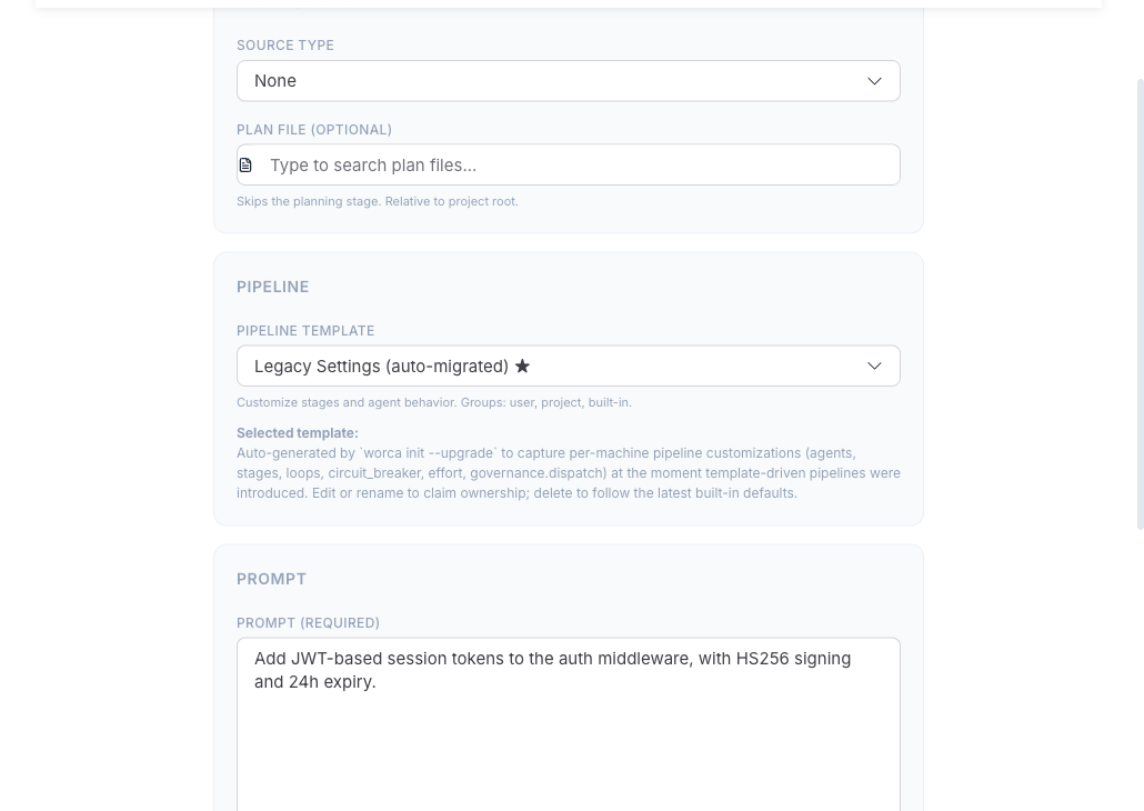 The Run Pipeline launcher: the prompt field, the source selector (prompt / issue / spec), and the template dropdown.